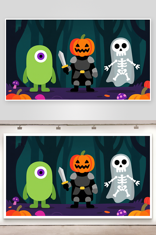 万圣节卡通角色在森林中-众图网