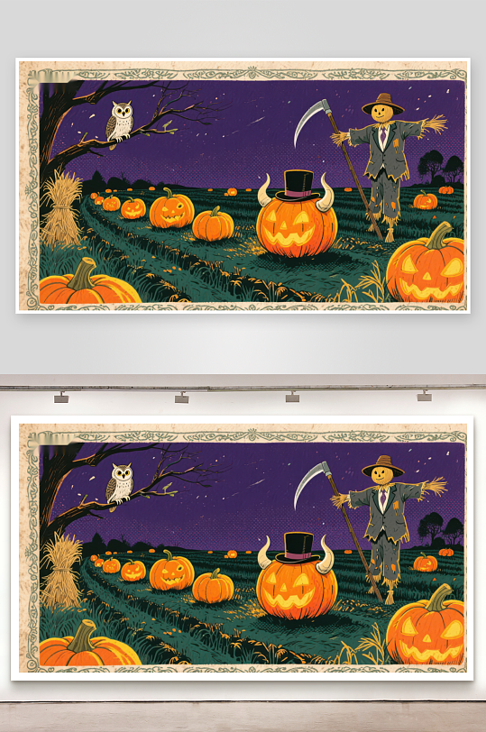 万圣节南瓜田里的稻草人与猫头鹰-众图网