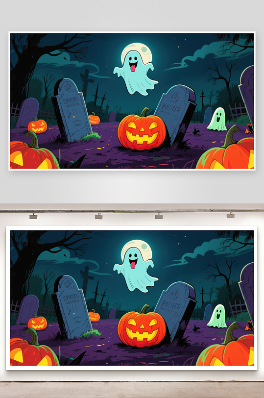 万圣节夜景墓地里的南瓜灯与幽灵-众图网