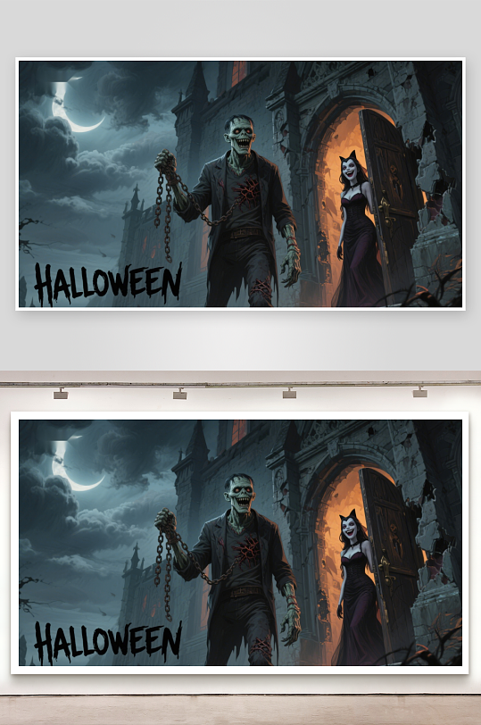 万圣节恐怖场景僵尸与女巫-众图网