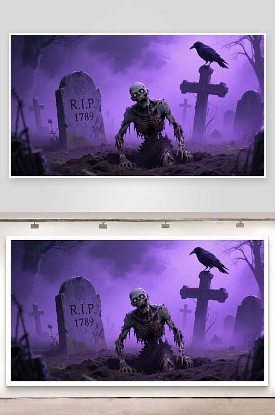 墓地僵尸与乌鸦的神秘夜景-众图网