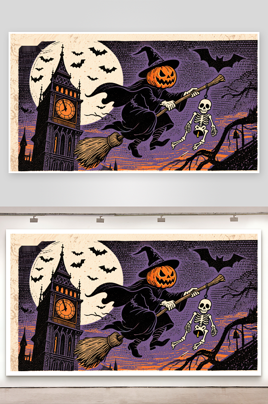 万圣夜巫师与骷髅的飞行-众图网