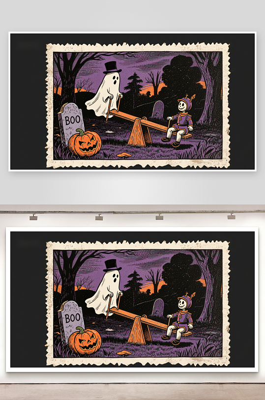 万圣节幽灵与南瓜人跷跷板-众图网