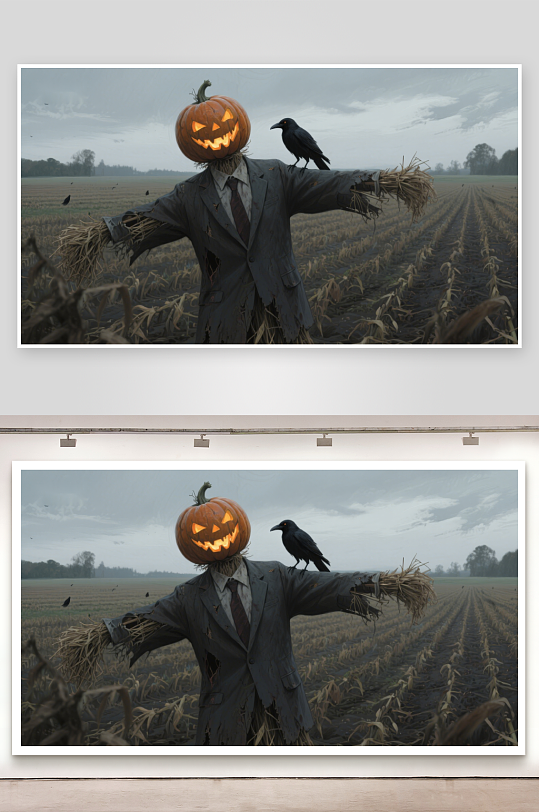 南瓜头稻草人与乌鸦在田野-众图网