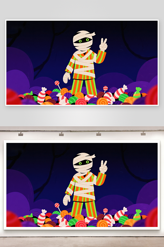 万圣节木乃伊与糖果堆-众图网