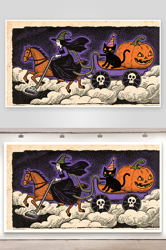 万圣节女巫骑马携猫南瓜车-众图网