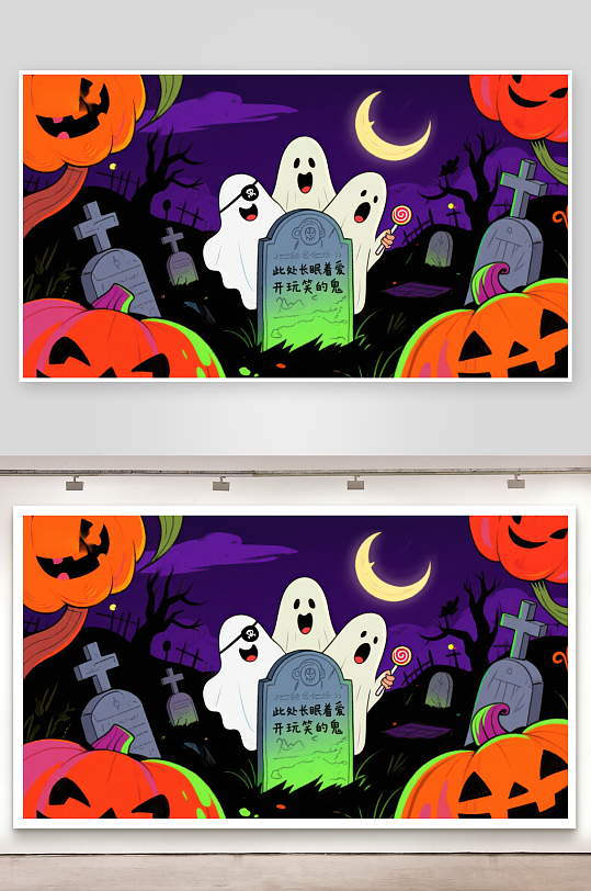 万圣节幽灵墓地夜景插画-众图网