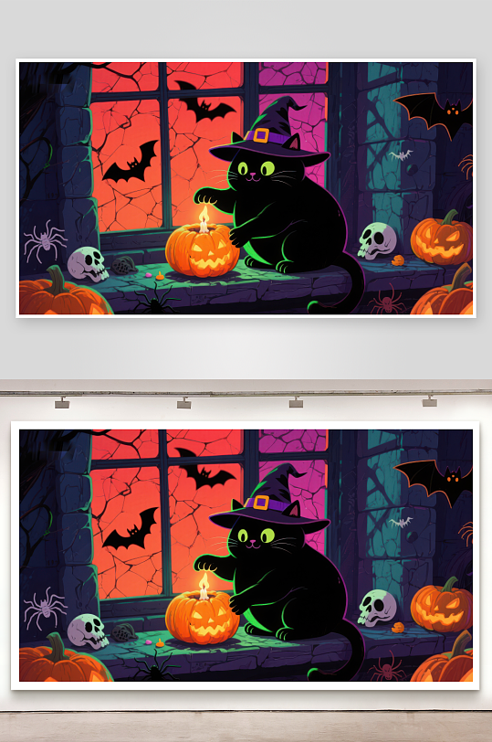 万圣夜猫巫师点燃南瓜灯-众图网