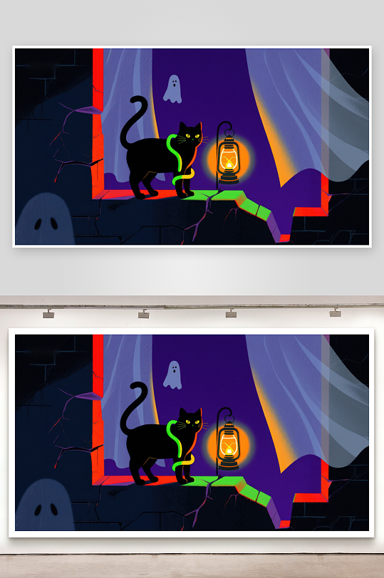 黑猫与灯笼的神秘夜景-众图网