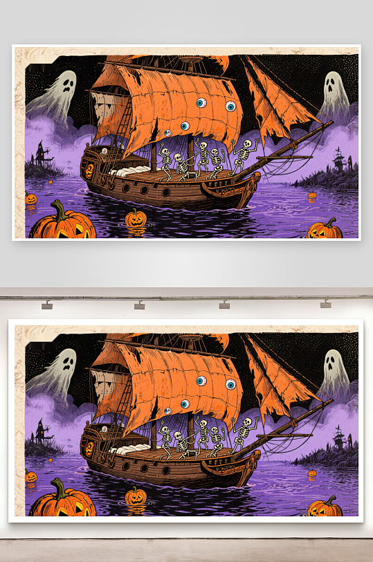 万圣节骷髅海盗船夜航-众图网
