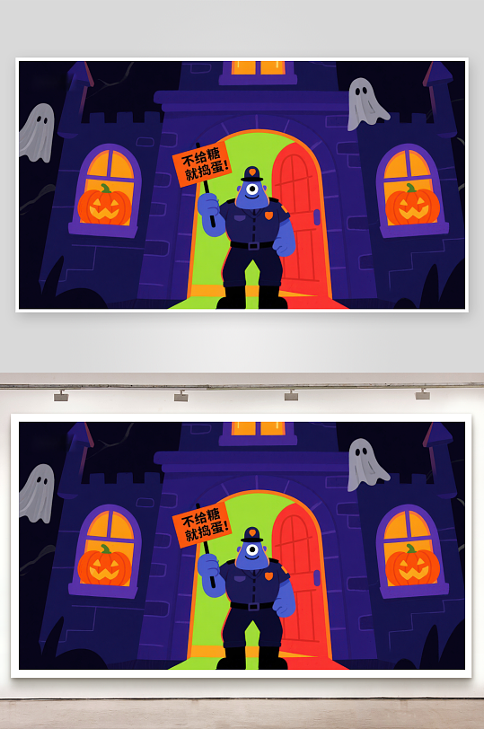 万圣节怪物手持标语站在鬼屋前-众图网