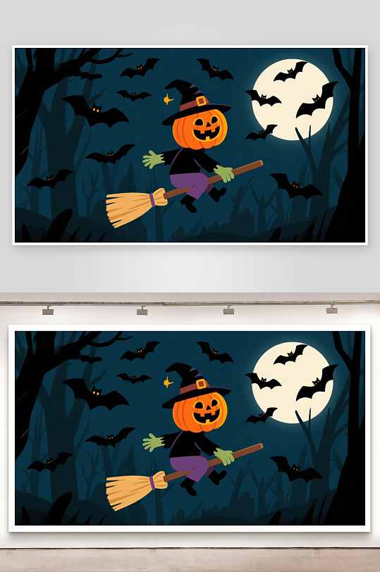 万圣节夜空中的南瓜头女巫-众图网