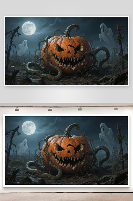 万圣节南瓜与幽灵的恐怖夜景-众图网