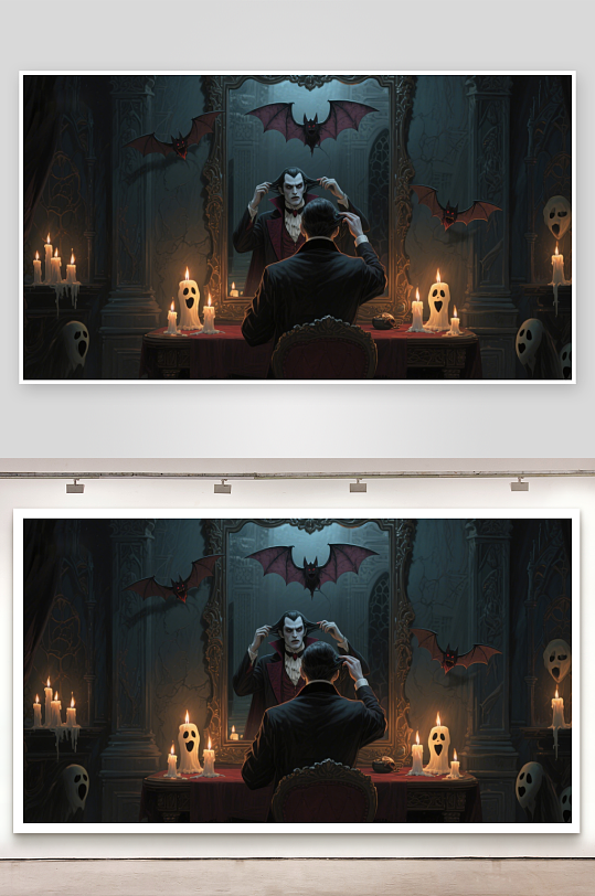 神秘人物镜前整理领结幽灵蝙蝠环绕-众图网