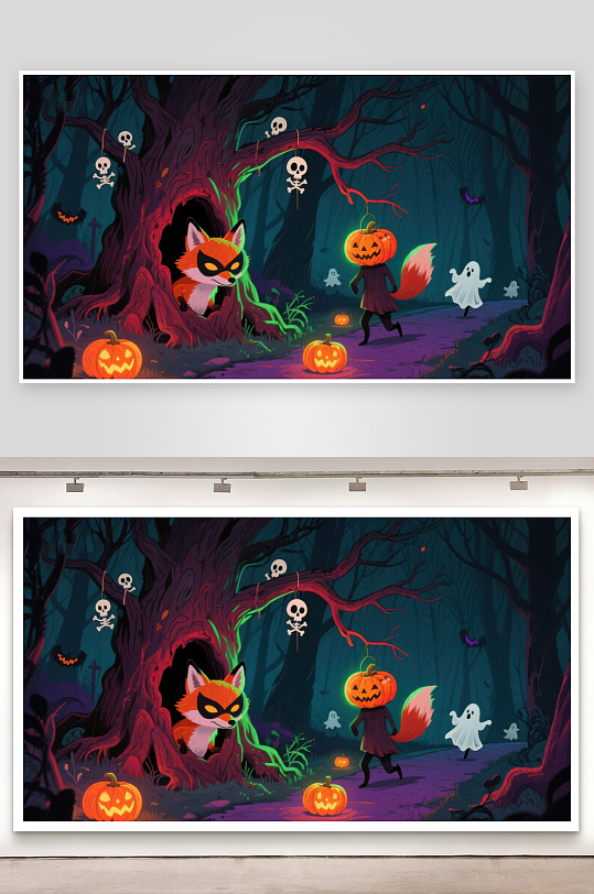 万圣节森林中的狐狸与南瓜灯-众图网