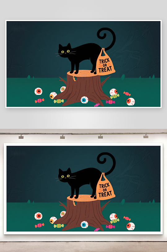 黑猫树桩上手持不给糖就捣蛋布袋-众图网