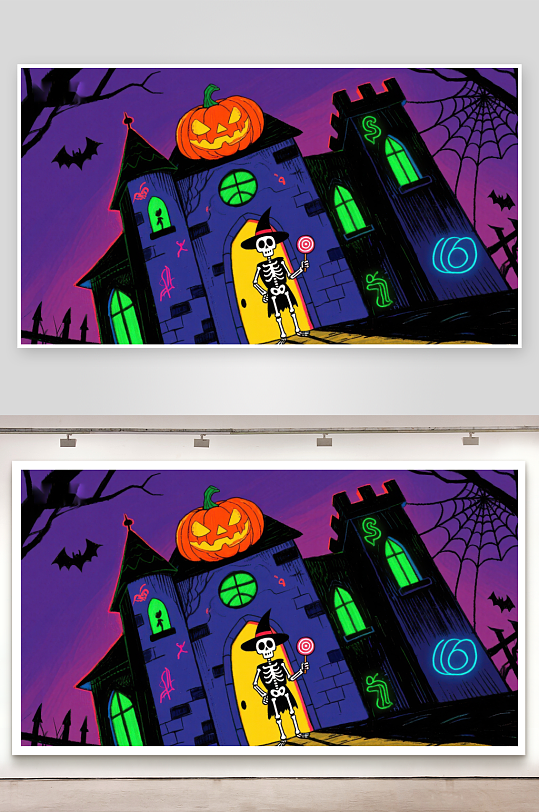 万圣节幽灵屋与糖果骷髅-众图网