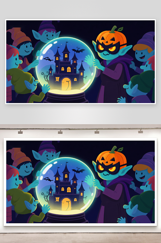 精灵围绕水晶球中的神秘城堡-众图网