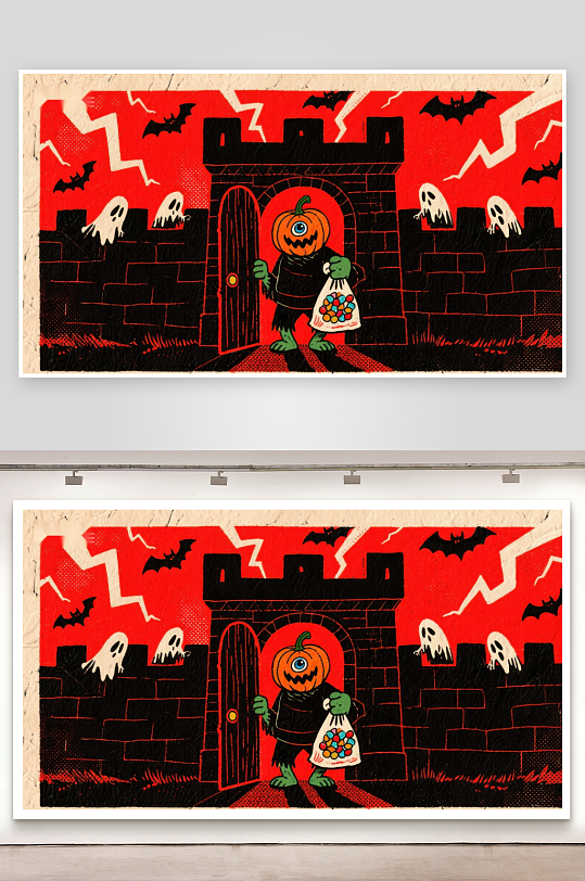 南瓜头小怪在城堡门口讨糖-众图网