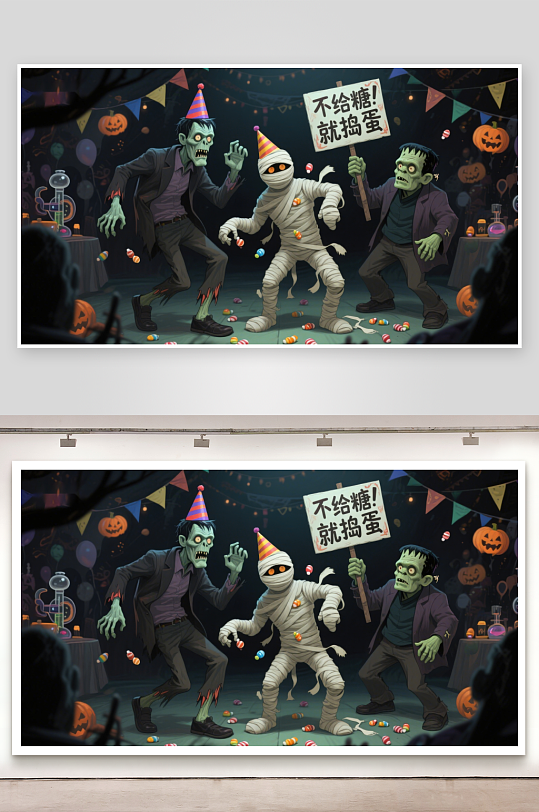 万圣节派对上的僵尸木乃伊和弗兰肯斯坦-众图网