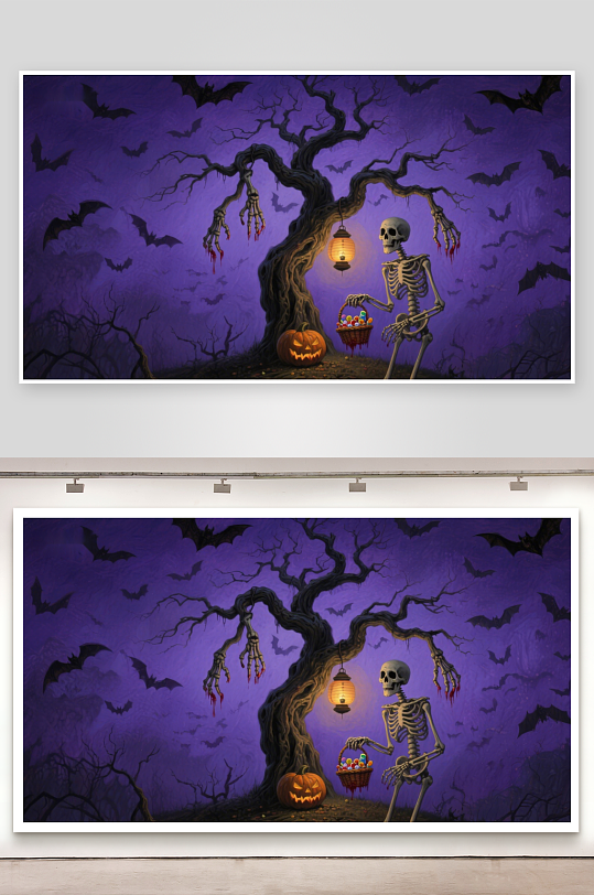 万圣夜骷髅树下提灯-众图网