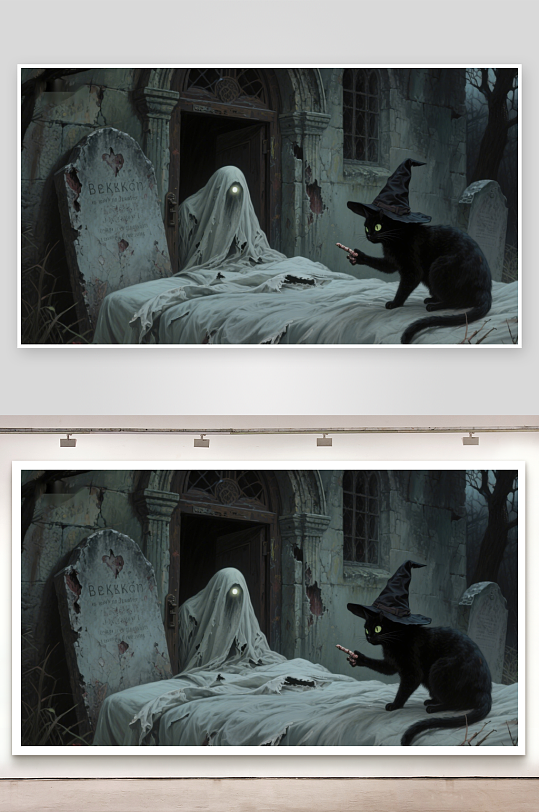 幽灵与黑猫在墓地的神秘邂逅-众图网