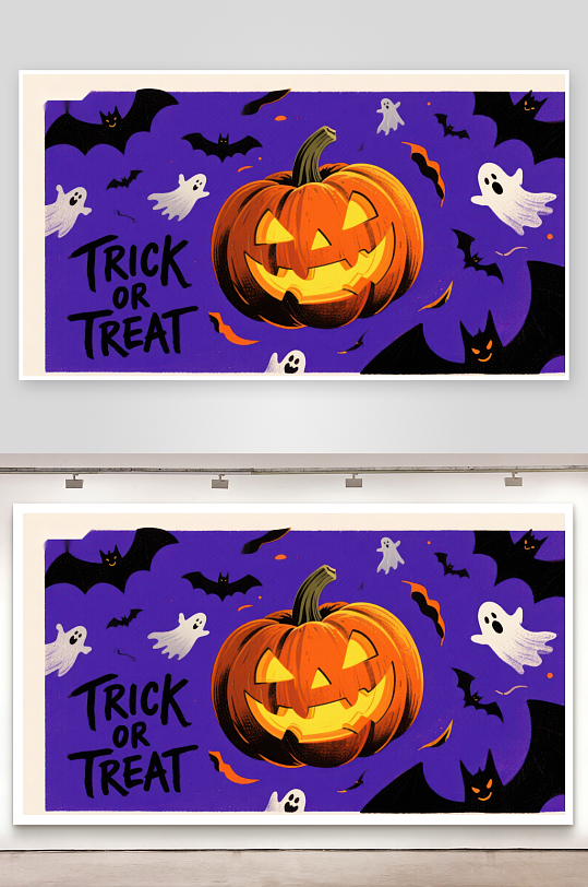 万圣节南瓜灯与幽灵蝙蝠背景-众图网