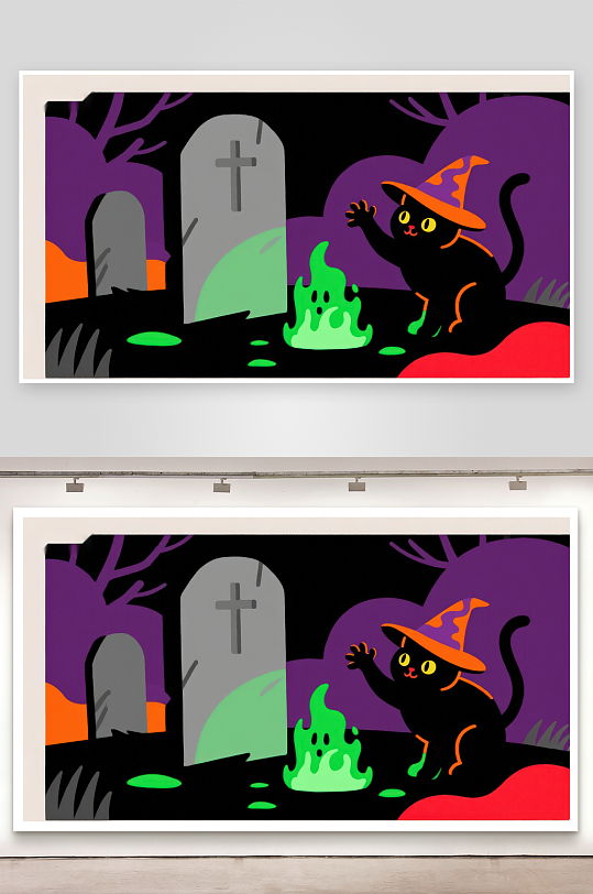 万圣夜墓地中的黑猫与幽灵-众图网