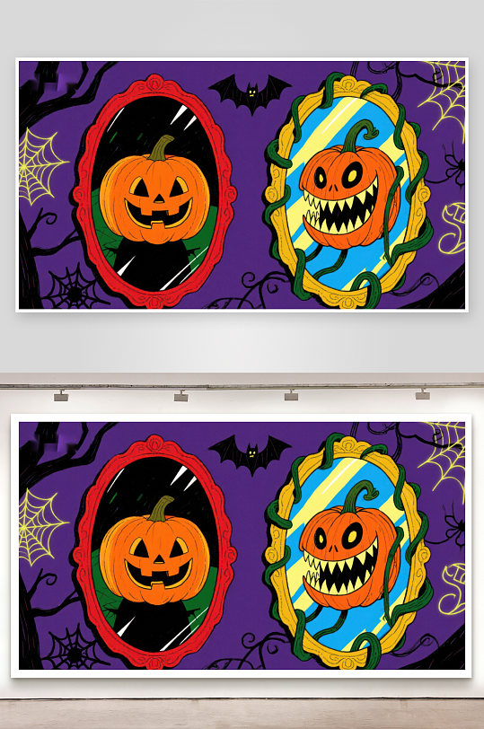 万圣节南瓜镜像对比插画-众图网
