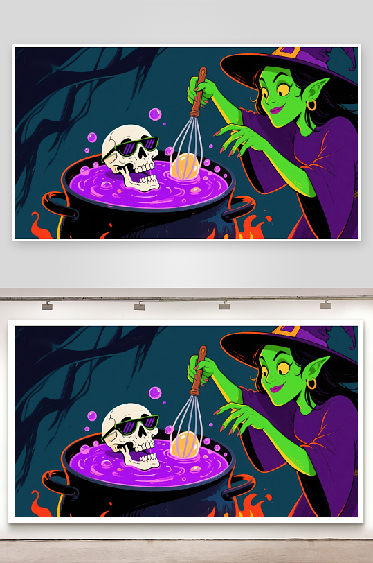 女巫搅拌魔法药水骷髅戴墨镜-众图网