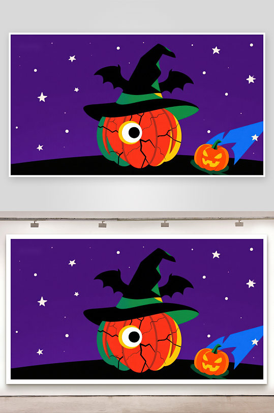 万圣节南瓜与巫师帽的夜景-众图网