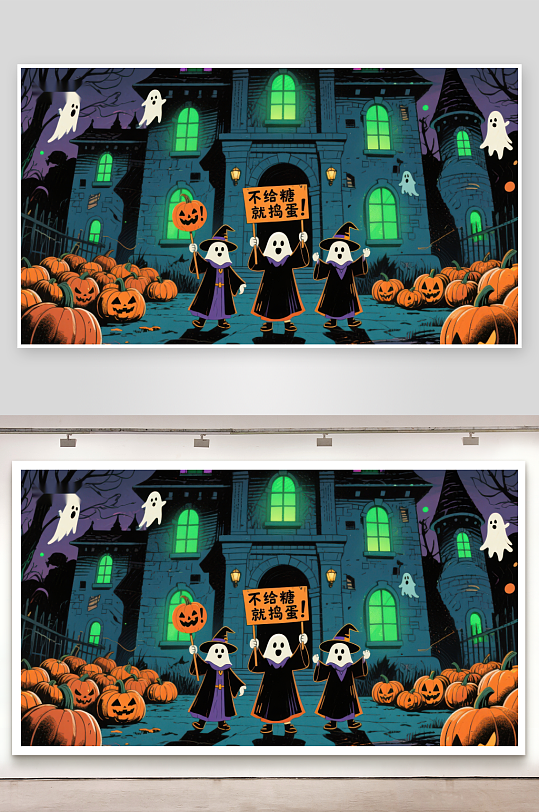 万圣节夜景小巫师讨糖-众图网