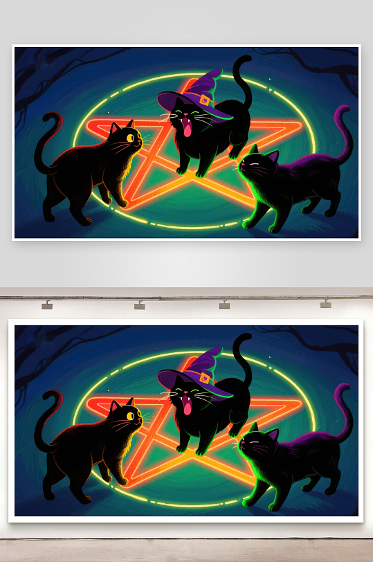 黑猫与巫师帽围绕神秘五角星-众图网
