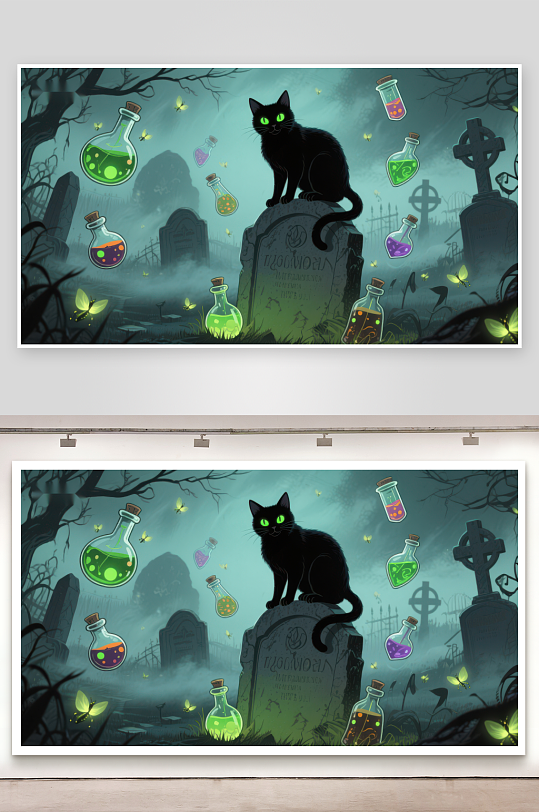 墓地夜景中的黑猫与魔法瓶-众图网