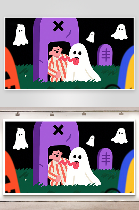 万圣节夜男孩与幽灵在墓地-众图网