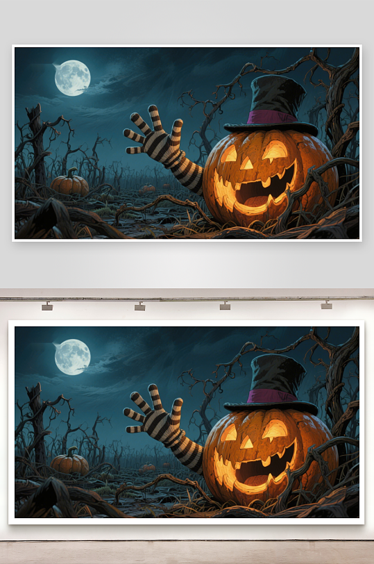 万圣节南瓜与巫师帽的神秘夜景-众图网