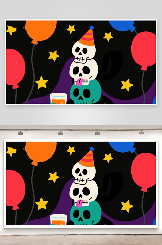 骷髅头戴派对帽手持饮料庆祝-众图网