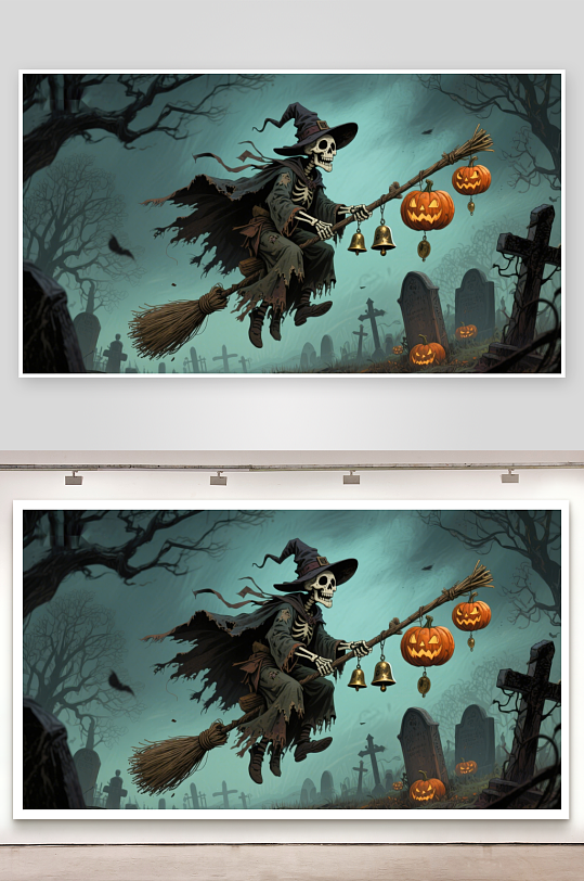 万圣节骷髅巫师骑扫帚-众图网