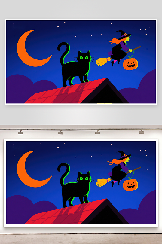 万圣夜巫女与黑猫屋顶飞行-众图网