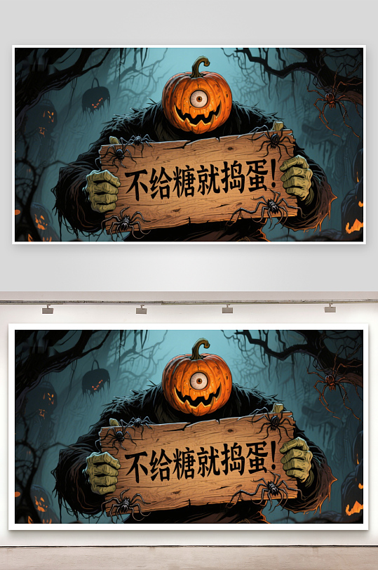 南瓜头怪手持木牌万圣节氛围浓厚-众图网