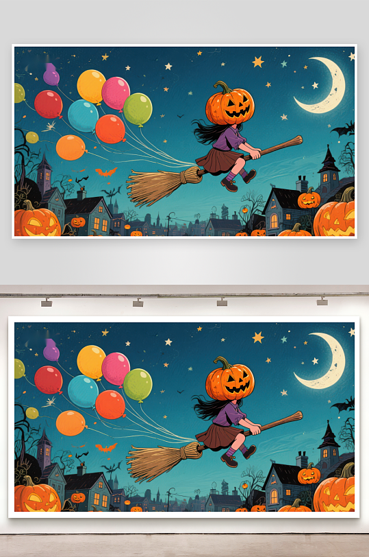 南瓜头女巫乘帚飞行-众图网