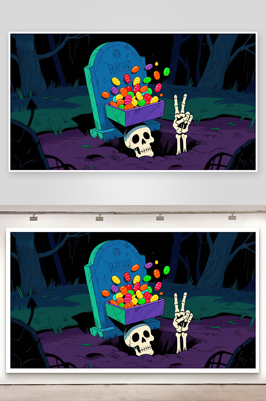 墓碑上的糖果与骷髅手势-众图网