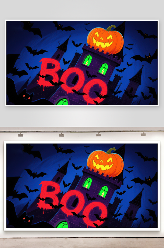 万圣节城堡夜景南瓜灯与蝙蝠环绕-众图网