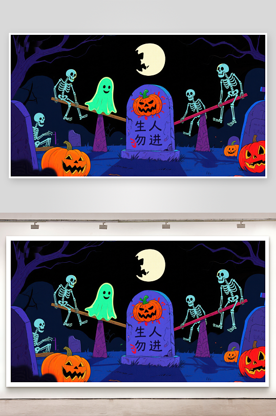 万圣节墓地夜景骷髅与幽灵的趣味互动-众图网