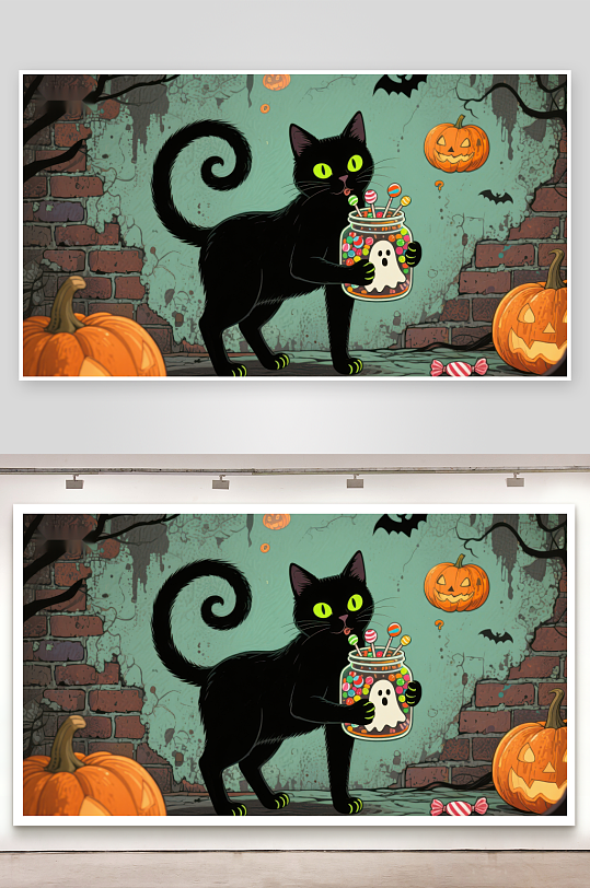 万圣节黑猫手持糖果罐-众图网