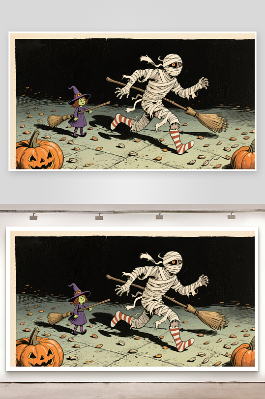 万圣节夜木乃伊与小女巫的追逐-众图网