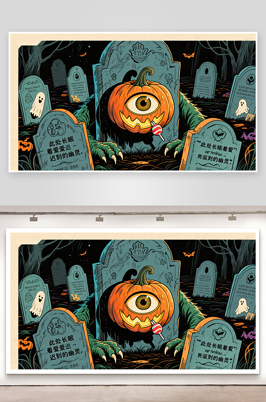 万圣节墓地中的南瓜幽灵-众图网