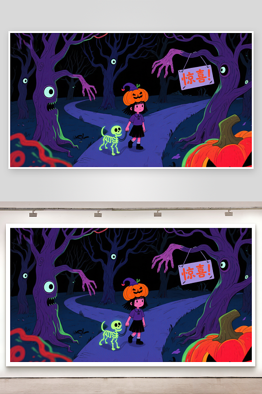 万圣节夜景女孩与骷髅宠物的奇幻冒险-众图网