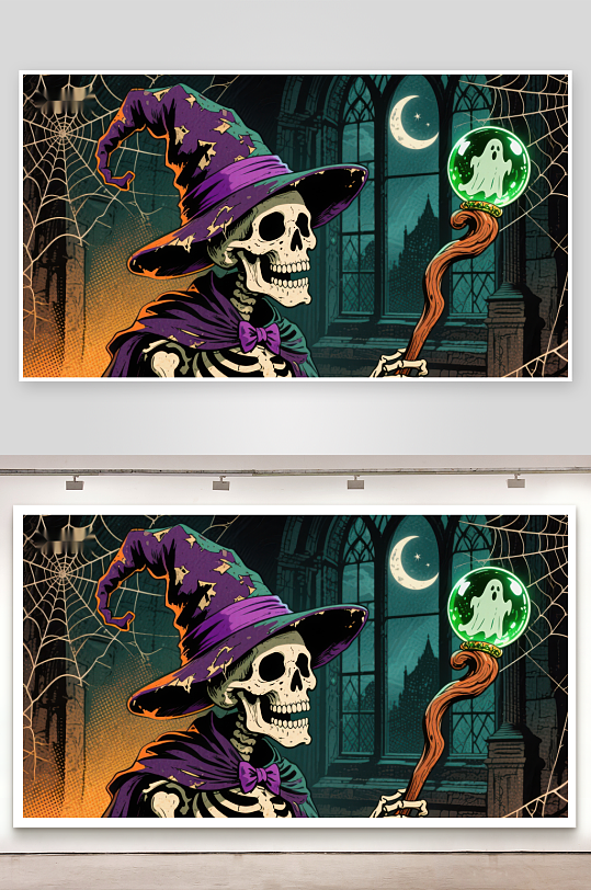 巫师骷髅手持魔法水晶球-众图网