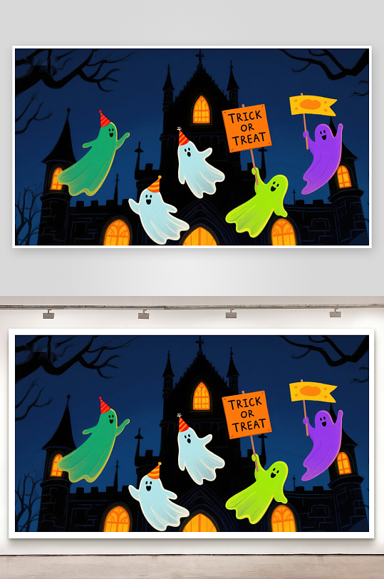 万圣节幽灵手持标语飞过城堡-众图网
